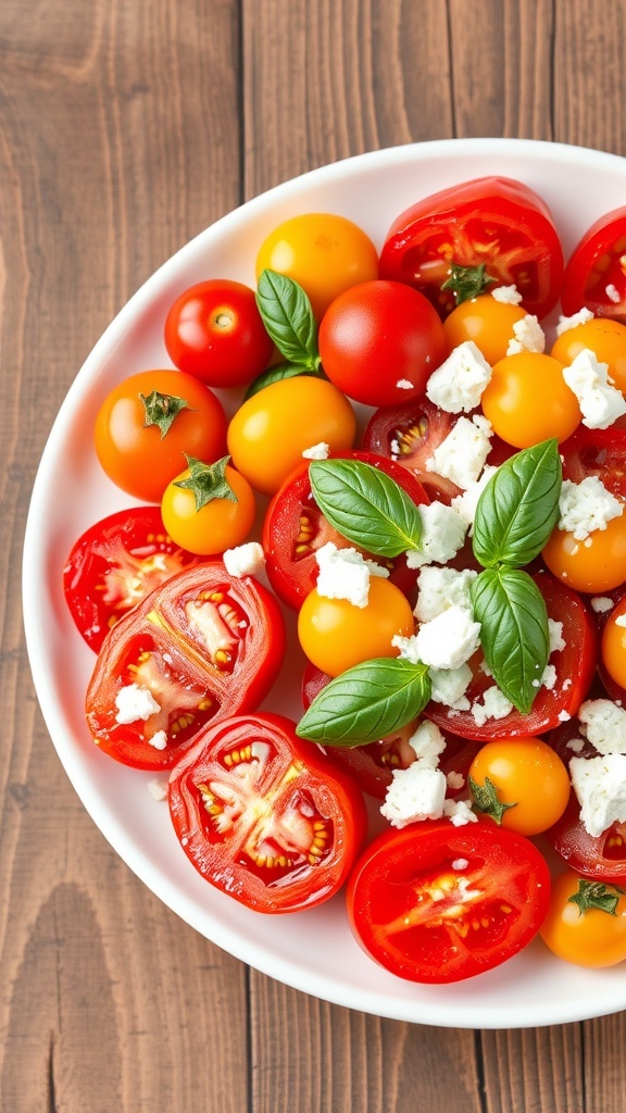 A vibrant 3D tomato salad with heirloom, cherry, and beefsteak tomatoes, garnished with basil and feta cheese on a rustic table.